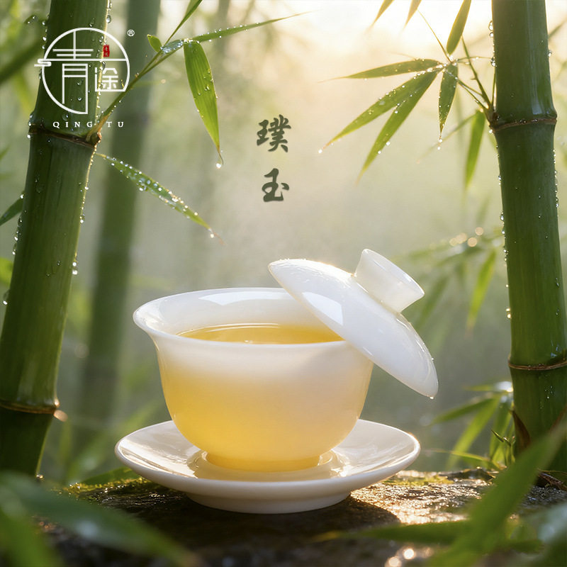 德化璞玉盖碗羊脂玉瓷冰种陶瓷不烫手功夫茶具悬停家用三才泡茶碗
