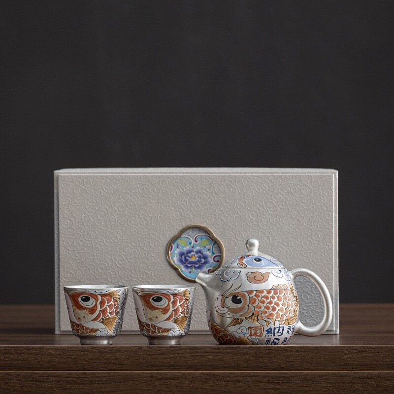 鎏银龙鱼一壶二杯小套装中式功夫茶具泡茶壶茶杯子整套高档礼盒装