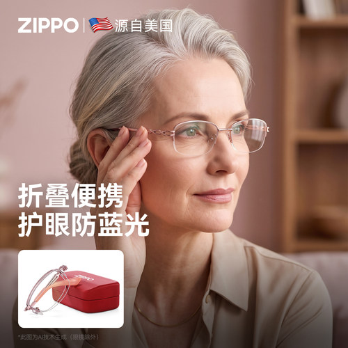 ZIPPO老花镜超轻折叠2026新款减龄防紫外线蓝光老人眼镜女8106