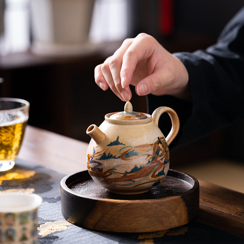 敦煌印象飞天茶壶粗陶窑变釉茶具大号泡茶壶陶瓷文创礼品茶器单壶