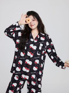 大码睡衣女款春秋季胖MM宽松翻领亲肤棉凯蒂猫甜美可爱家居服套装