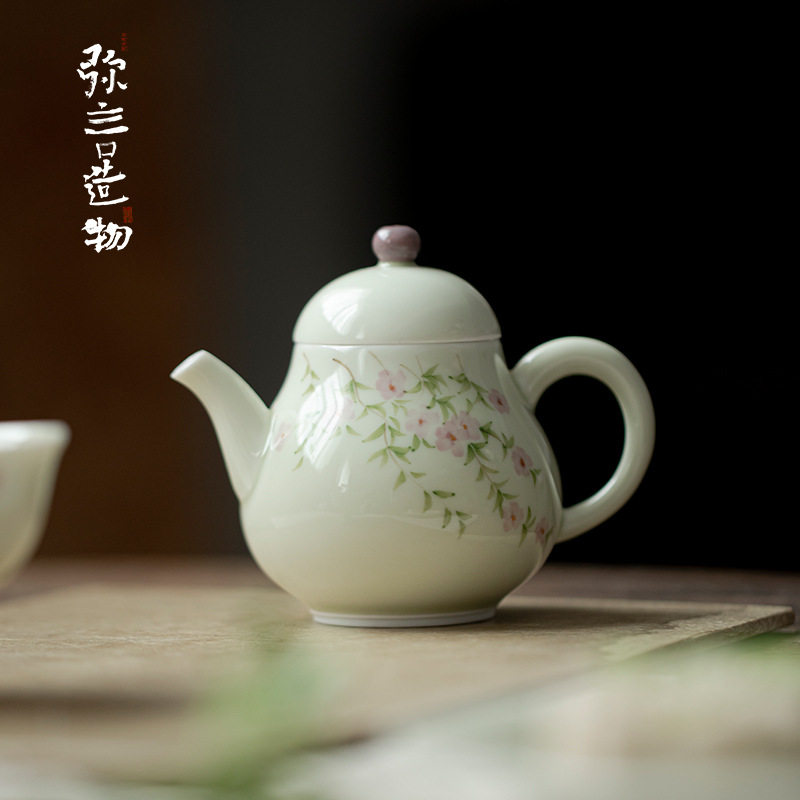 弥言釉下彩手绘蔷薇茶壶陶瓷泡茶壶带过滤白瓷单壶不烫手小宋壶
