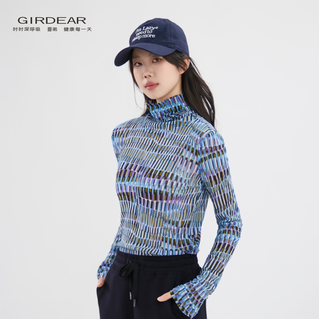 Girdear/哥弟印花高领春秋薄款网纱修身长袖T恤内搭上衣1300237