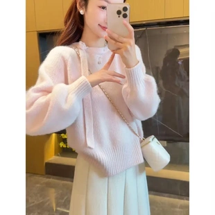 上衣园领秋冬超美花朵飘带泡泡袖毛衣女加厚软糯设计感针织衫打底