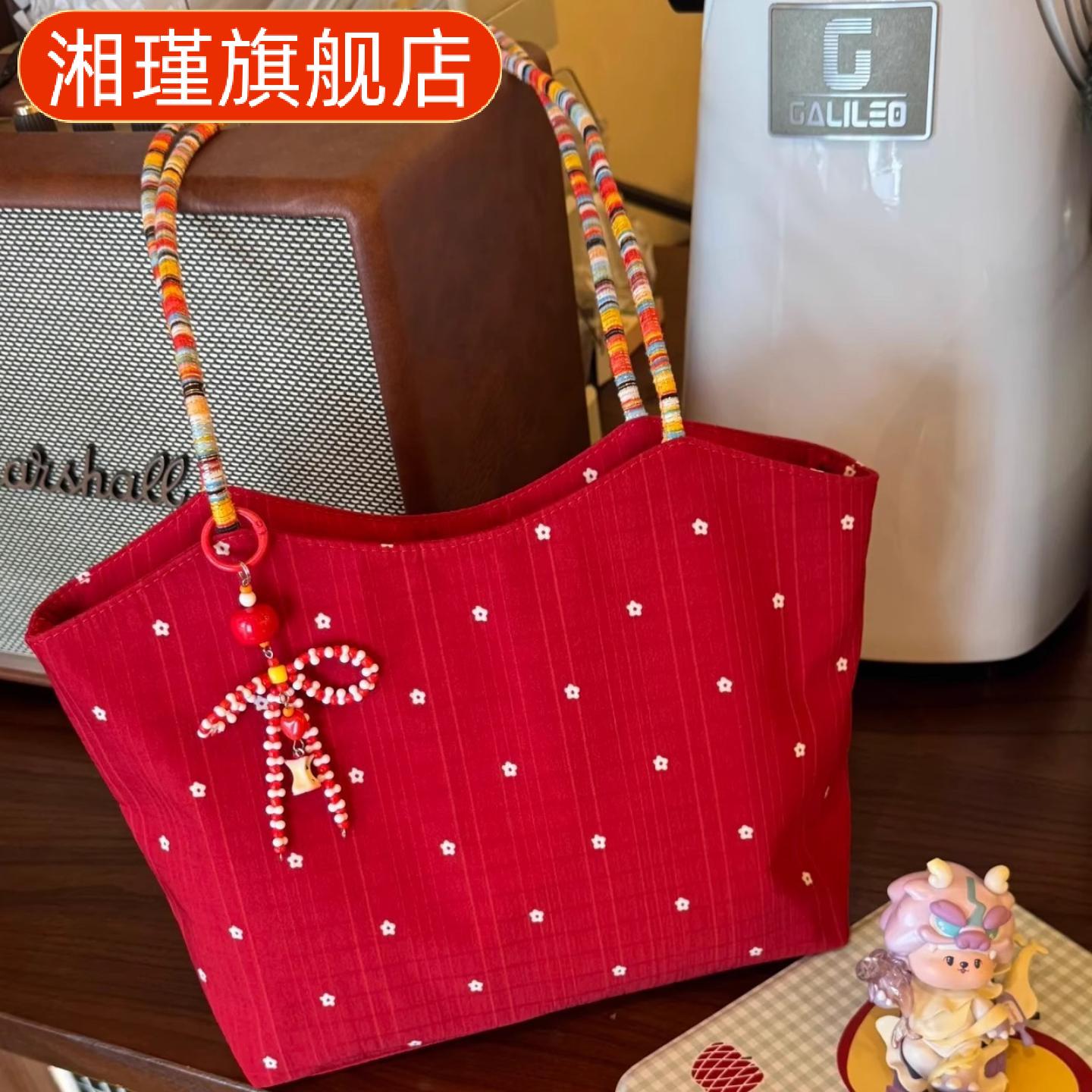 韩系红色花朵帆布单肩托特包|