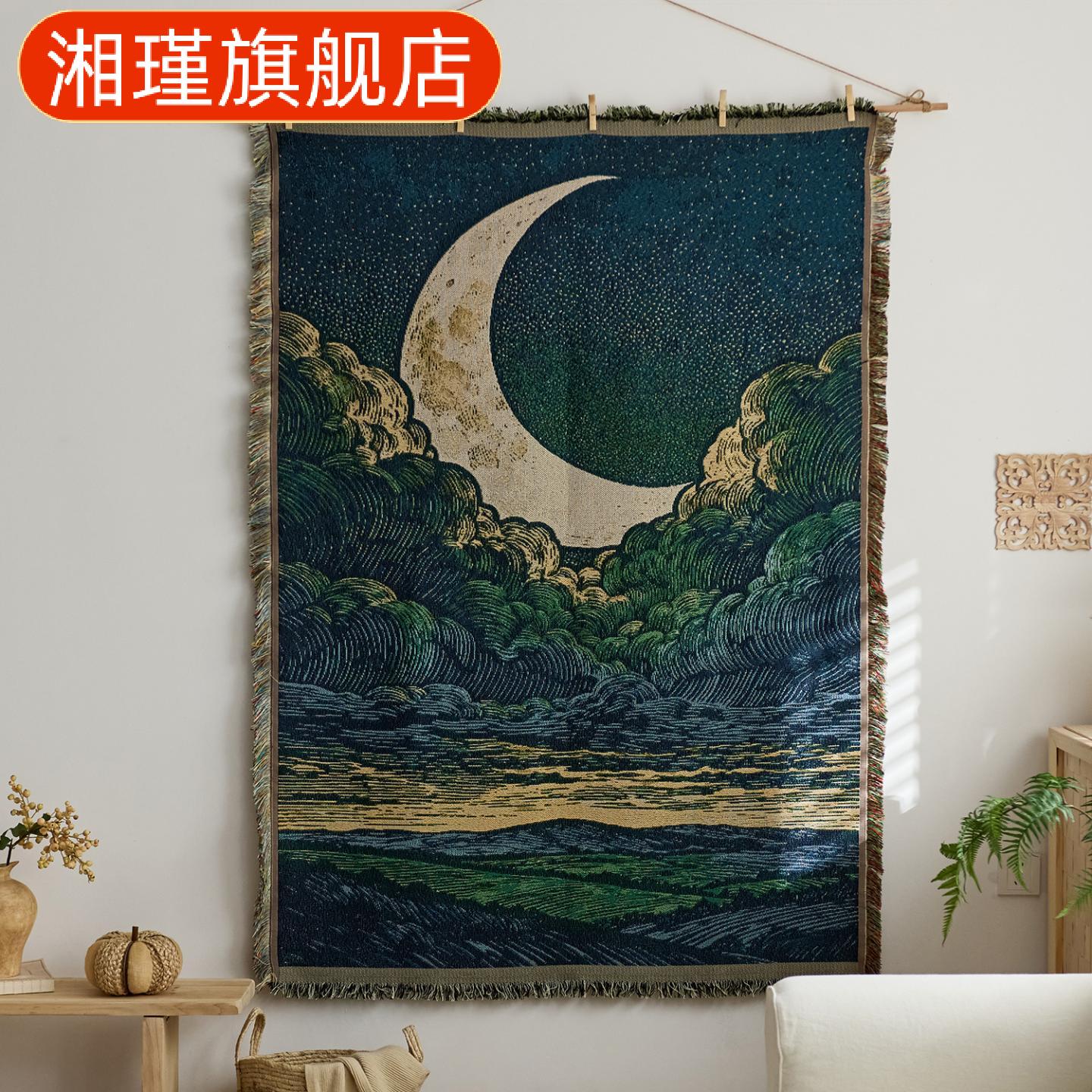 复古星月云景挂布艺术风布艺挂画
