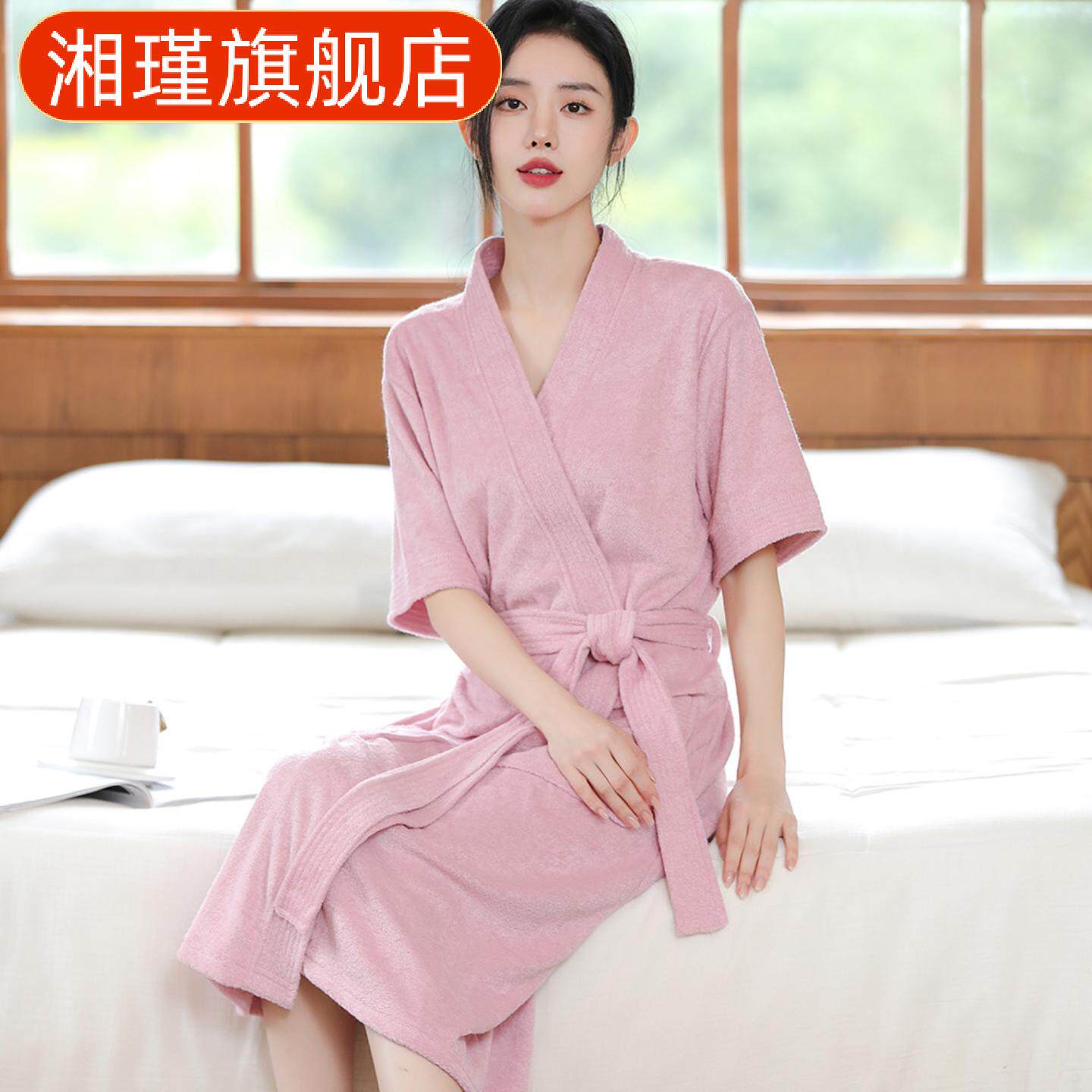 宽松女士毛巾料短袖睡袍浴衣｜