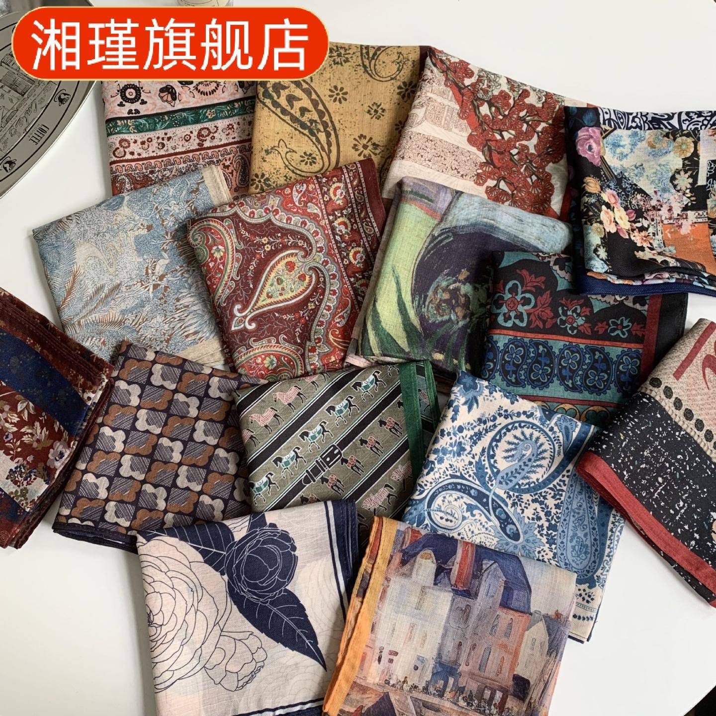 丝巾系脖小方巾领巾白玫瑰亚麻