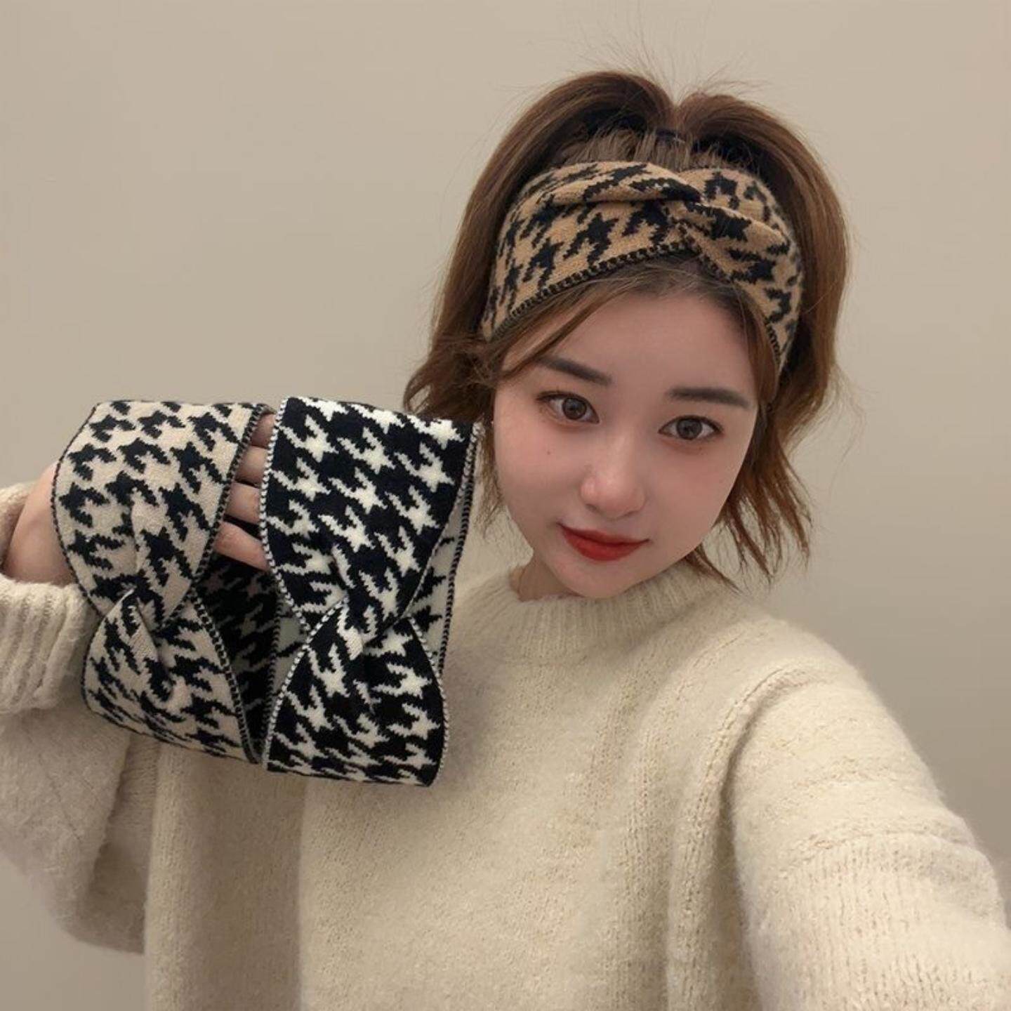 千鸟格毛线宽边束发带女秋冬