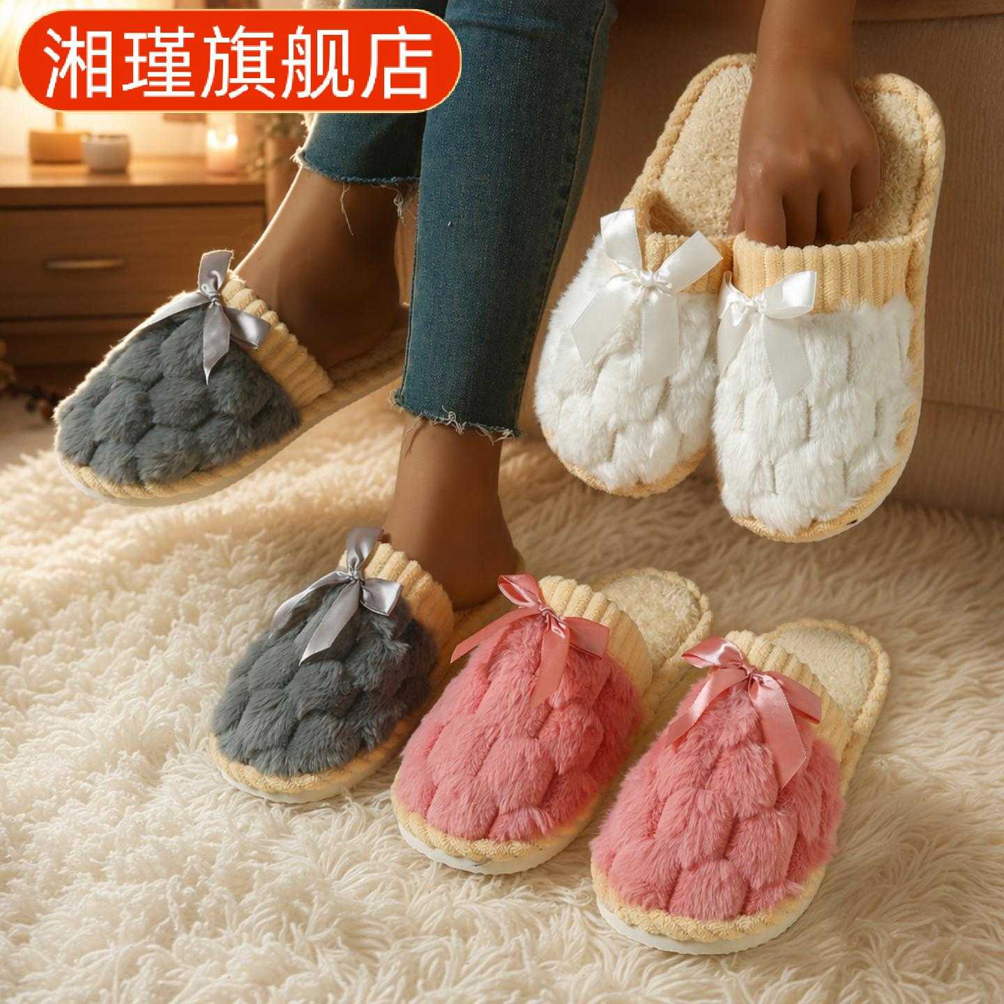 爆款圣诞毛绒包头露趾棉拖鞋保暖