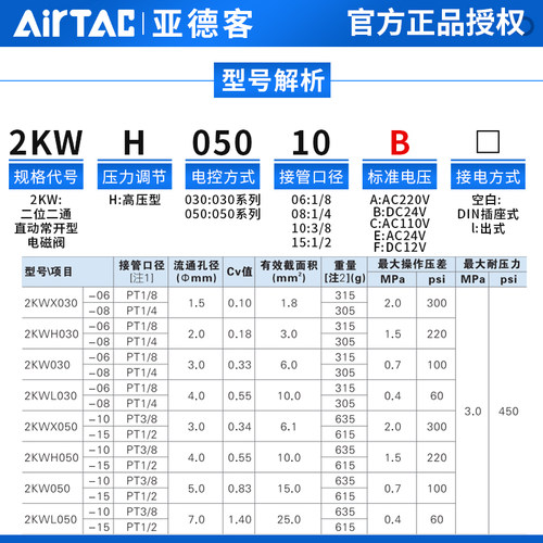 亚德客直动常开型流体电磁阀2KWH030/050-06/08/10/15高压型水阀