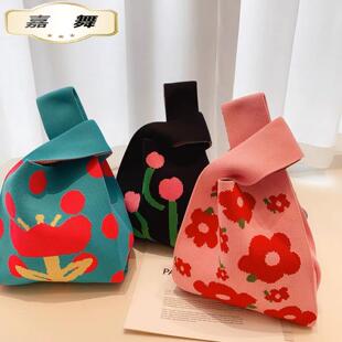 小布袋托特包潮手提包女针织水桶包上班小拎包手拎手腕包撞色