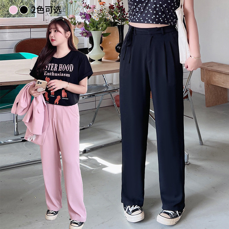 润其大码n8720绑带高腰垂感休闲西装阔腿裤休闲裤 女装胖长裤
