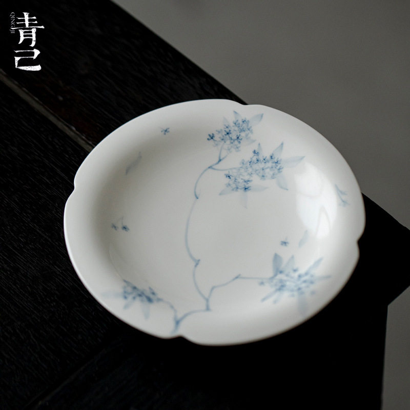 青己手绘青花花口陶瓷壶承功夫茶具茶道配件家用干泡盘手工茶点盘