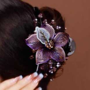 手工铜丝编织花朵抓夹轻奢金属夹后脑勺盘发大号鲨鱼夹发根百搭