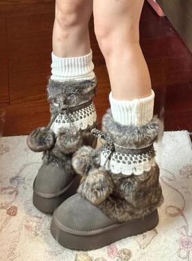 灰色雪地靴女冬季中筒棉