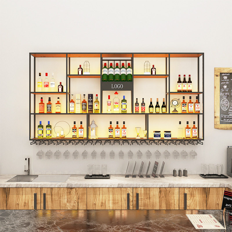 吧台酒柜靠墙壁挂式置物架工业风酒吧铁艺酒水展示架餐厅红酒架子