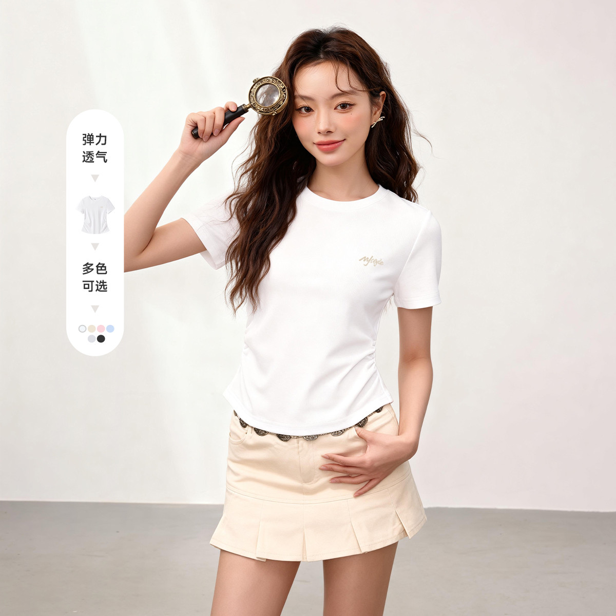 抽褶显瘦正肩白色气质短袖T恤女图片