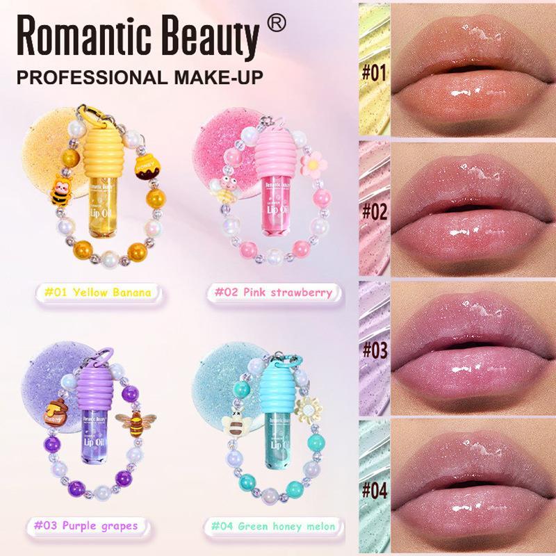 跨境带挂链唇油四色可爱手串润唇膏保湿滋润 Colored lip glaze