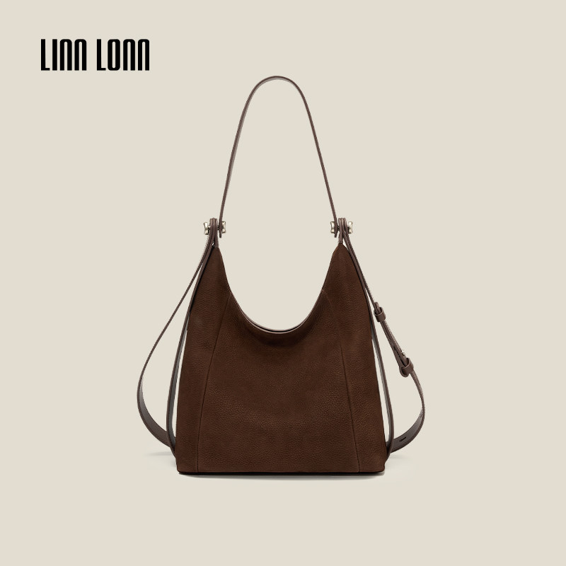 LINN LONN经典hobo包腋下包磨砂牛皮斜挎手提包目童子褐色大号