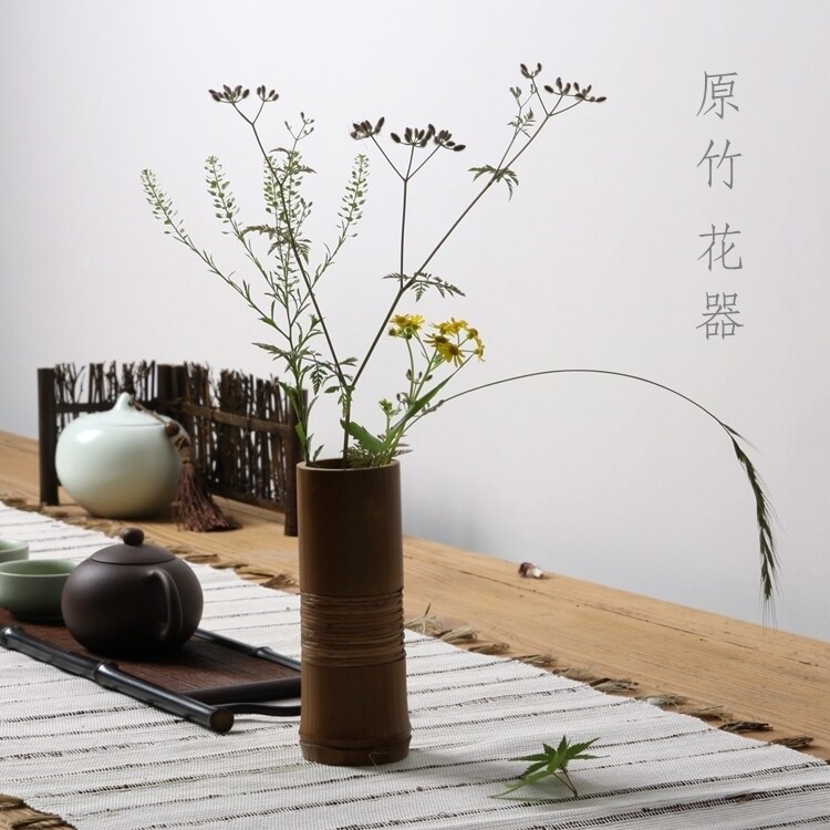 日本 原竹花器 大漆 竹 藤编 花入 花筒 插花 茶道 花道 山山竹木
