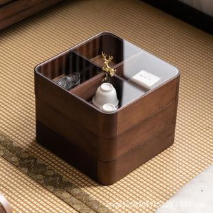 胡桃实木可叠加带盖干果收纳盒中式零食瓜子水果盘客厅茶具收纳盒