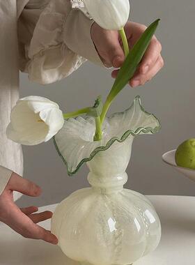 小清新芬顿奶油风绿色玻璃花瓶法式浪漫复古芍药花器透明水养插花