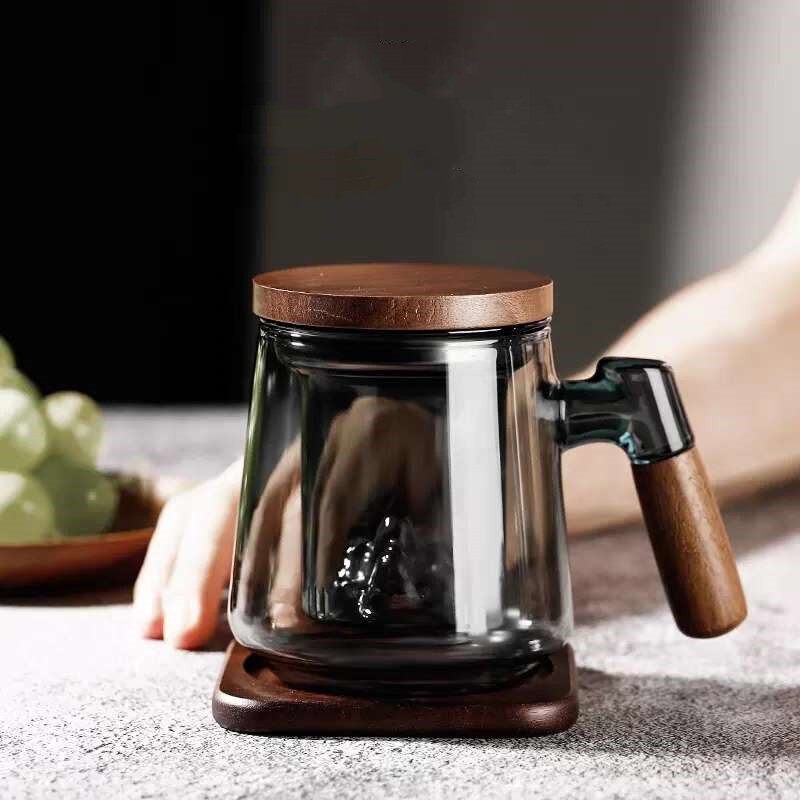 玻璃高档水杯茶水分离办公三件杯喝茶杯子观山泡茶杯过滤花茶杯
