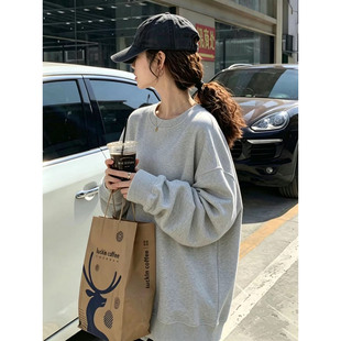 韩版2026新款灰色宽松圆领卫衣女秋冬加绒减龄套头中长款休闲上衣