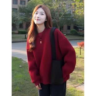 美式本命年红色韩系宽松原宿bf慵懒风圆领卫衣女冬季加绒保暖上衣
