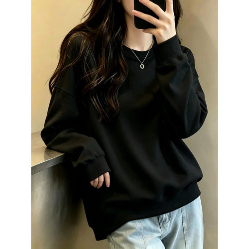 加厚秋季重磅黑色女卫衣中长款
