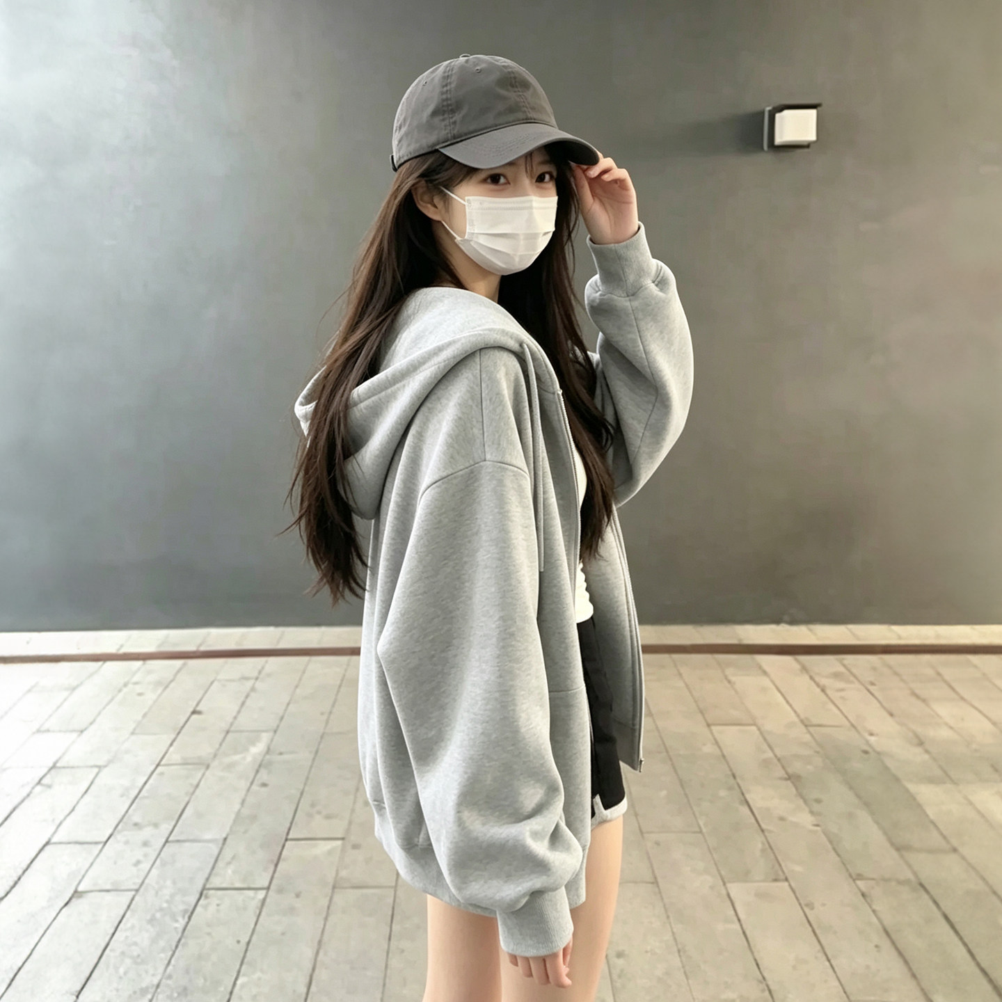 韩系2026新款秋季连帽卫衣外套女款宽松开衫灰色韩版拉链上衣加厚