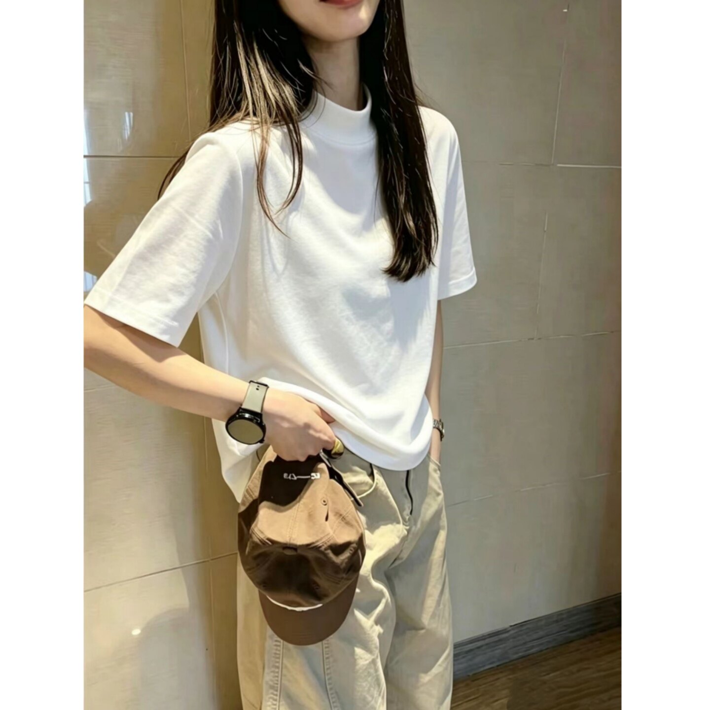 韩版白色半高领短袖显瘦T恤女