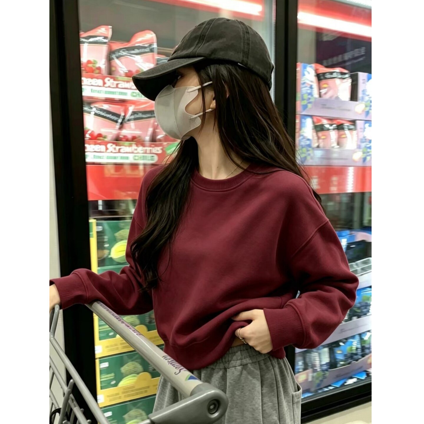 本命年酒红宽松短款卫衣女加绒
