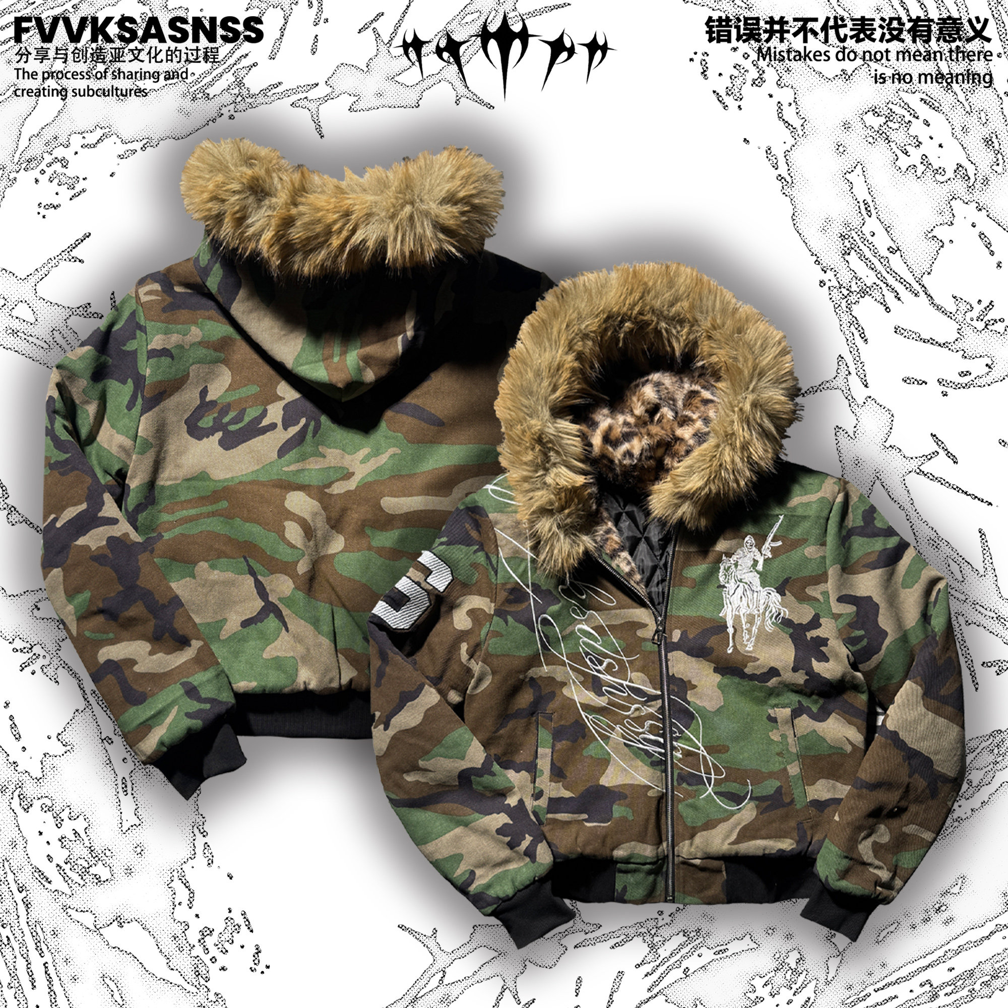 FvvKsasnss伤心农村入幻想豹纹街头亚文化刺绣毛领加厚棉服夹克