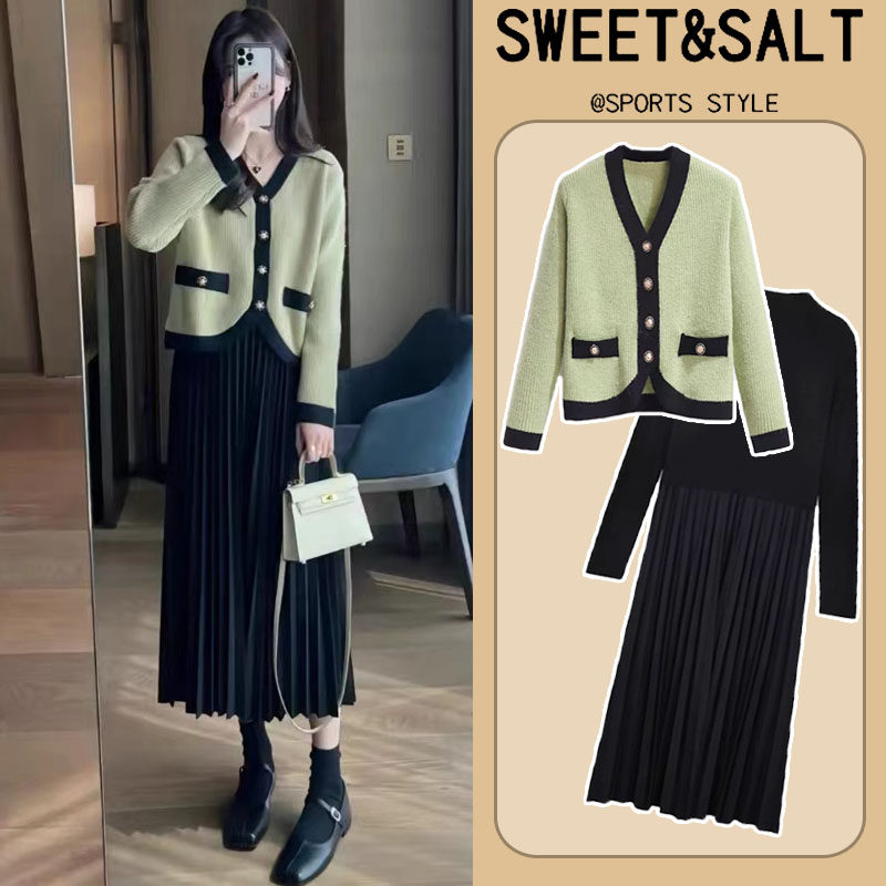 孕妇秋冬套装韩版气质小香风针织毛衣开衫打底长款连衣裙两件套女