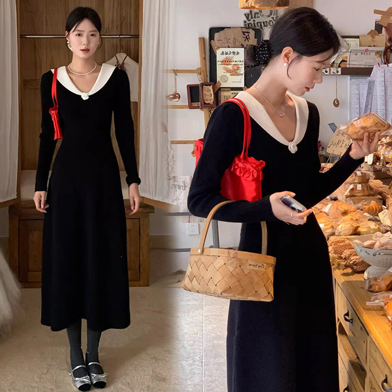 孕妇裙春秋山茶花法式优雅黑色V领针织连衣裙气质收腰显瘦长裙子,孕妇装/孕产妇用品/营养,连衣裙,淘宝优惠券,粉丝福利购,淘宝优惠卷
