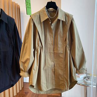 孕妇装春秋小众宽松休闲抽绳收腰POLO领衬衫中长款全棉气质上衣女