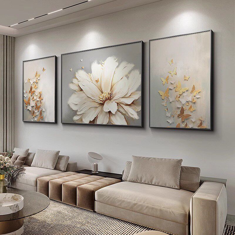 奶油风客厅装饰画抽象艺术花卉沙发背景墙三联挂画高级感肌理壁画