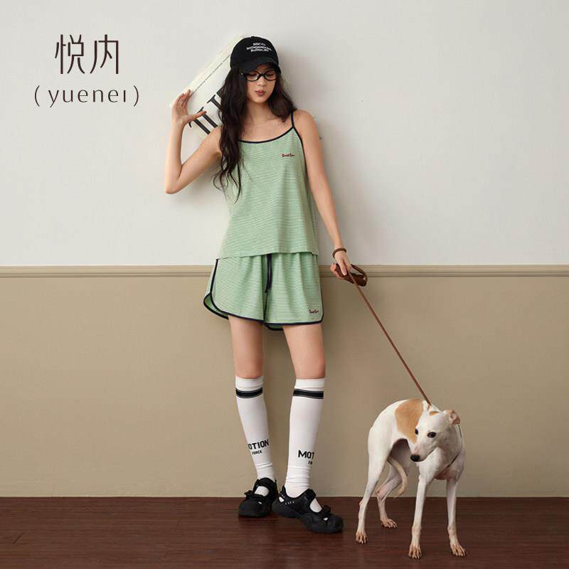 悦内胸垫一体睡衣带女士心夏季纯棉B2771薄吊背短裤家居服大带码
