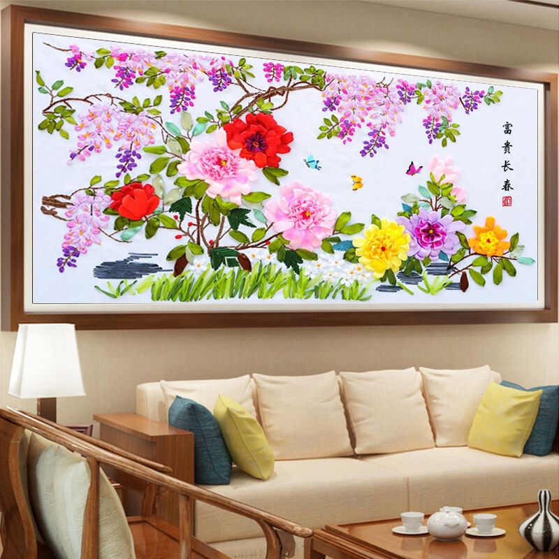 包邮新款立体彩带丝带绣客厅大幅挂画 富贵长春花开全绣 非十字绣