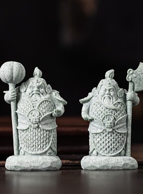 新中式护宅门神哼哈二将青砂石摆件客厅玄关书房鱼缸造景家居装饰