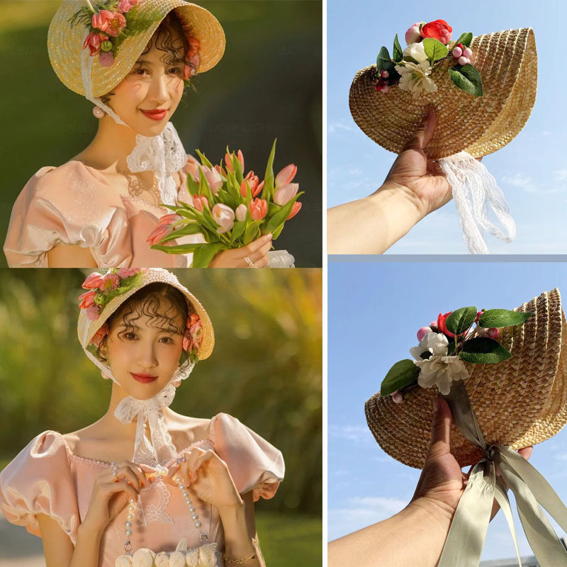 新款田园风婚纱摄影道具影楼外景拍照写真主题时尚创意粘花草帽