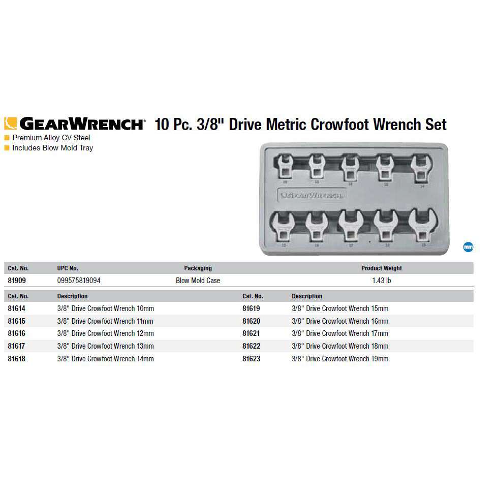 GearWrench 3/8 公制  爪型扳手 10件扭矩插件 开口扳手头 81909
