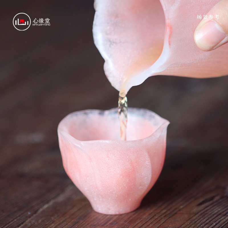 心缘堂琉璃酒器酒杯 芙蓉笑粉彩粉色花型冷饮杯分酒器套装 酸奶杯