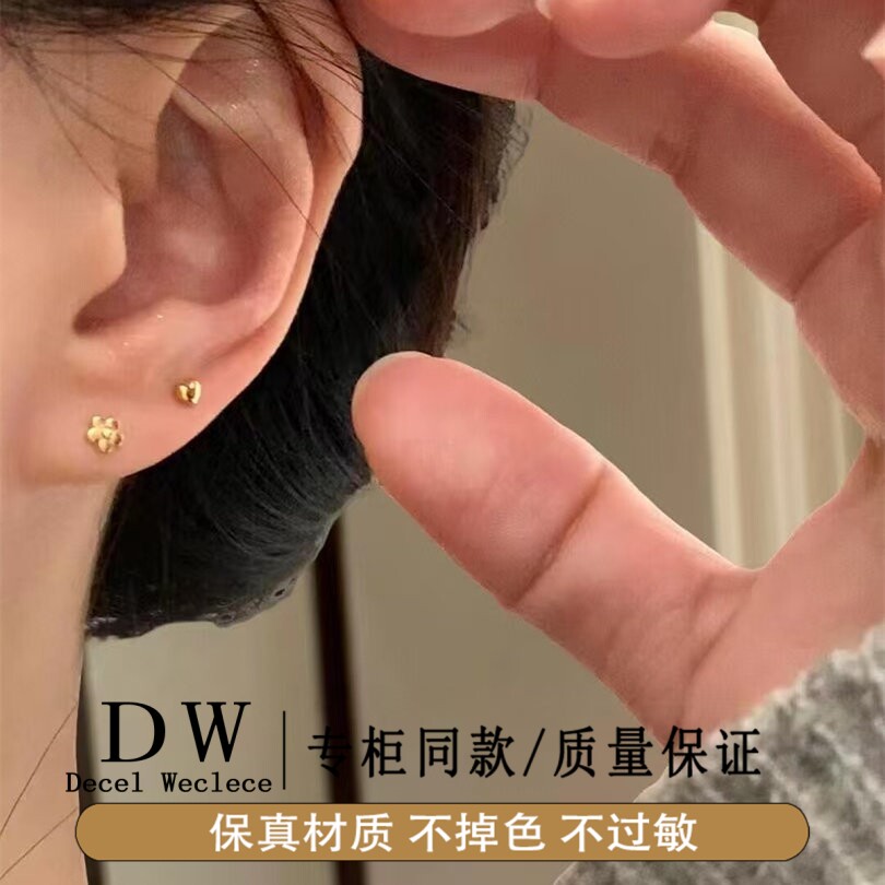 奥特莱斯18K金敲好看~古法新中式精致小巧mini小金花耳钉女防过敏