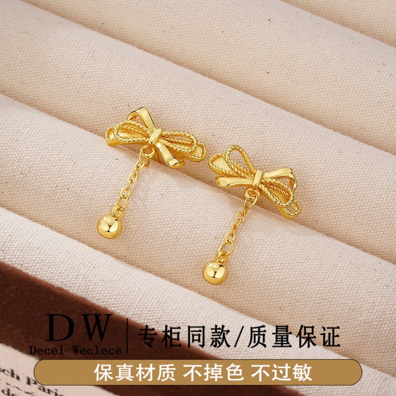 奥特莱斯18K金新中式蝴蝶结耳钉女精致气质高颜值不掉色流苏耳饰
