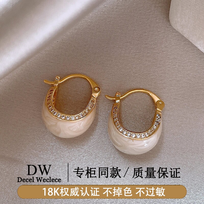 奥特莱斯【专柜正品】18K金白色滴釉镶钻耳扣法式复古耳环女