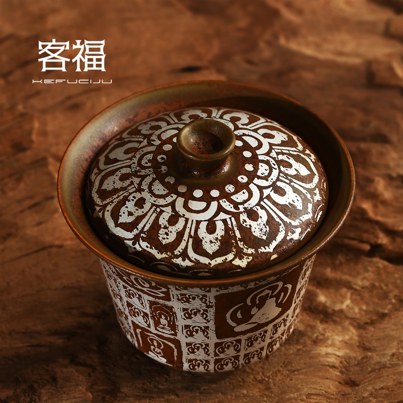 客福千佛鎏银三才盖碗家用泡茶器中式复古单个敬茶碗陶瓷功夫茶具