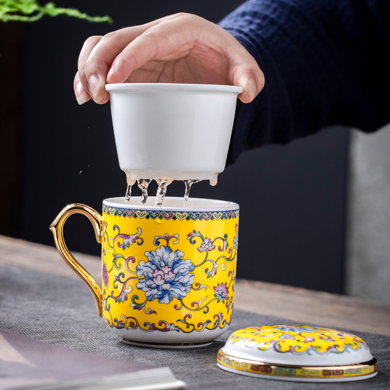 景德镇家用高档陶瓷泡茶杯带盖过滤杯子办公室会议杯骨瓷主人杯